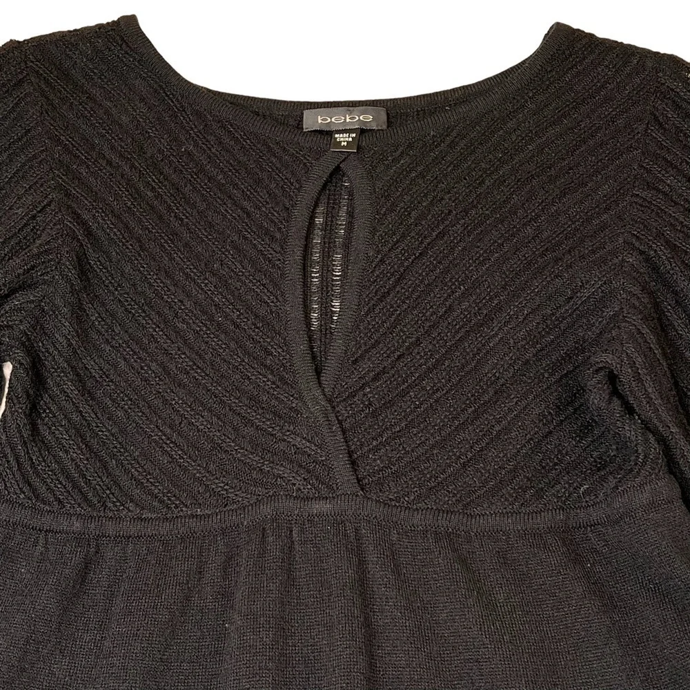 BEBE Black Knit Long Puff Sleeves Front Keyhole Dress LBD Size M